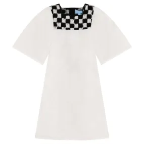 1300-White/Black-SQUARE CROCHET YOKE DRESS