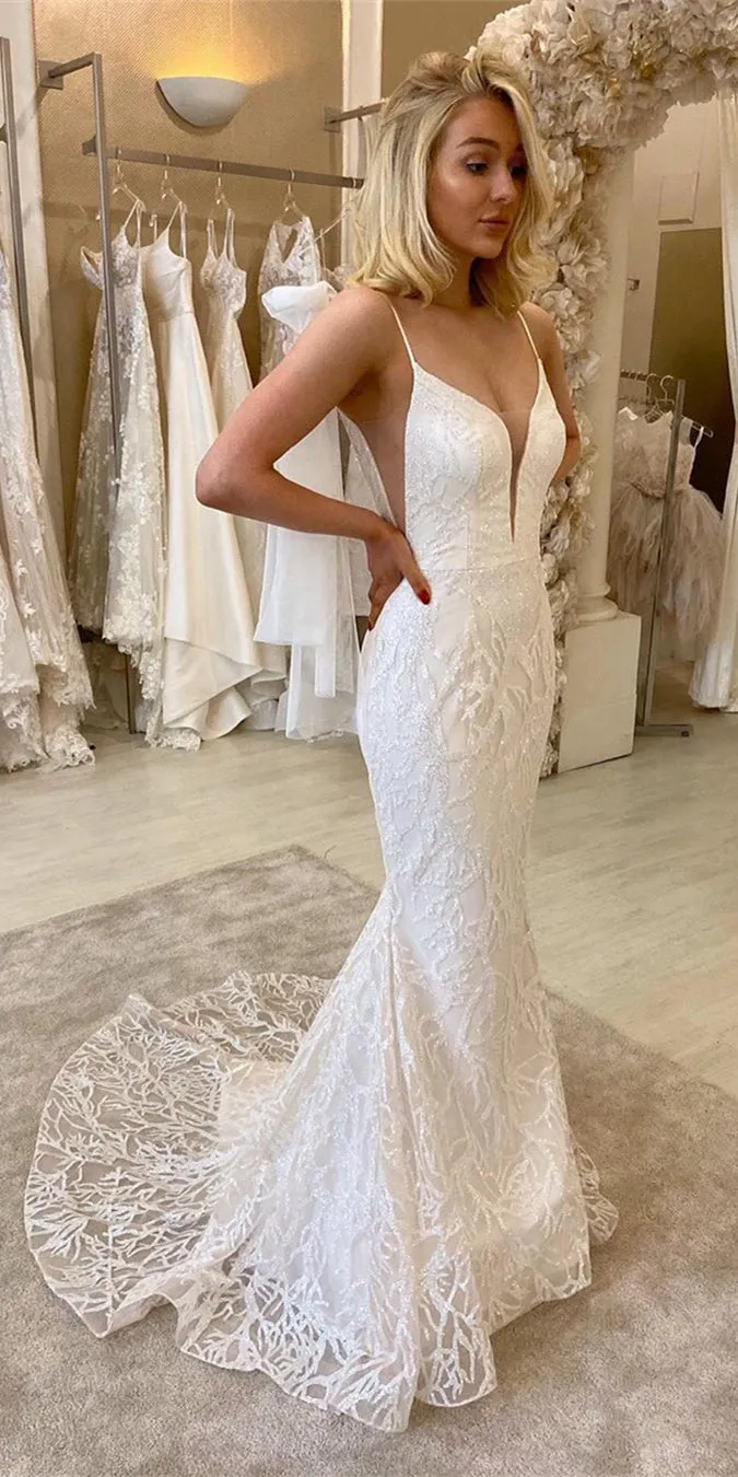 2 Pieces Spaghetti Long Mermaid Sequin lace Wedding Dresses, 2020 Newest Wedding Dresses, Bridal Gown