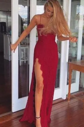 2024 A-Line Red Long Sheath Lace Spaghetti Straps Split Front Sweetheart Prom Dresses