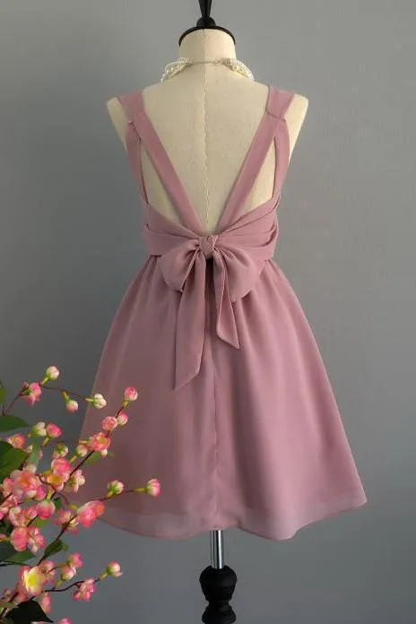 A Line Backless Dusty Rose Homecoming Dresses Scoop Chiffon Short Bridesmaid Dresses