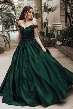 A-Line Ball Gown Off the Shoulder Evening Dresses Green Sleeveless Sweetheart Lace Satin Prom Dresses,BS021