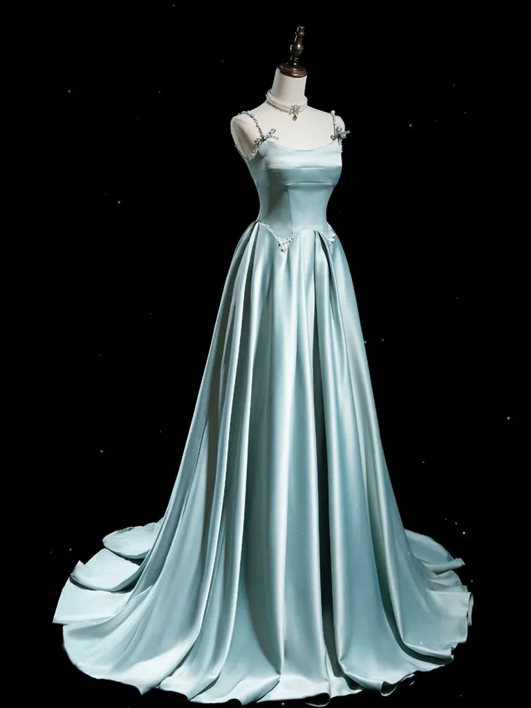 A-Line Blue Satin Long Prom Dress, Blue Long Formal Dress