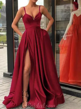 A-line Burgundy Modest Side Slit Prom Dresses Online PD098