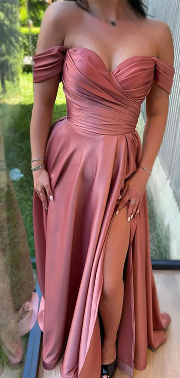 A-line Dusty Rose Satin Off the Shoulder Popular Modest Long Women Evening Prom Dresses PD868