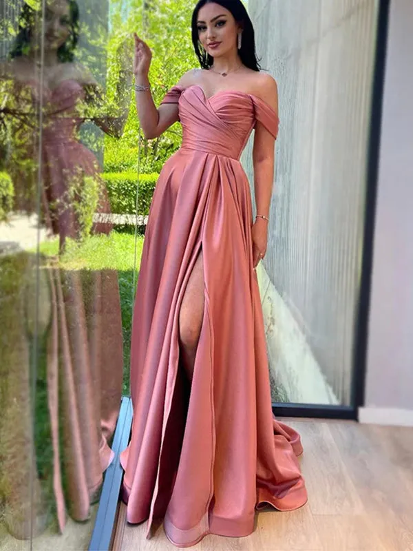 A-line Dusty Rose Satin Off the Shoulder Popular Modest Long Women Evening Prom Dresses PD868