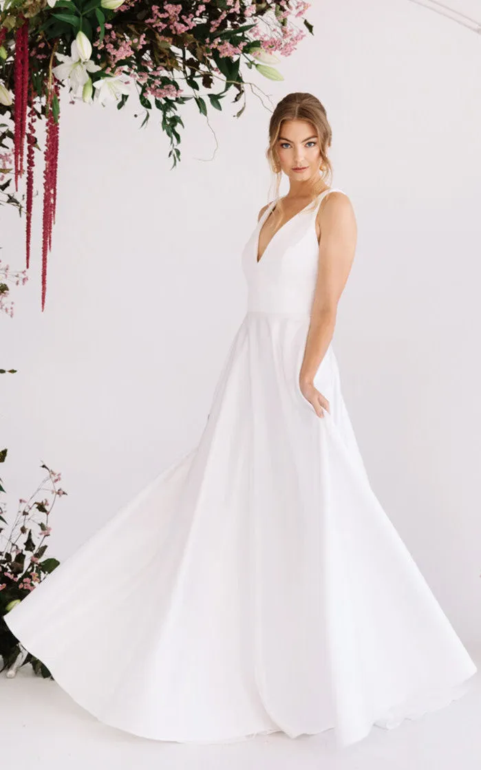 A Line Ethereal Satin Wedding Dress with Pockets and Train-716235