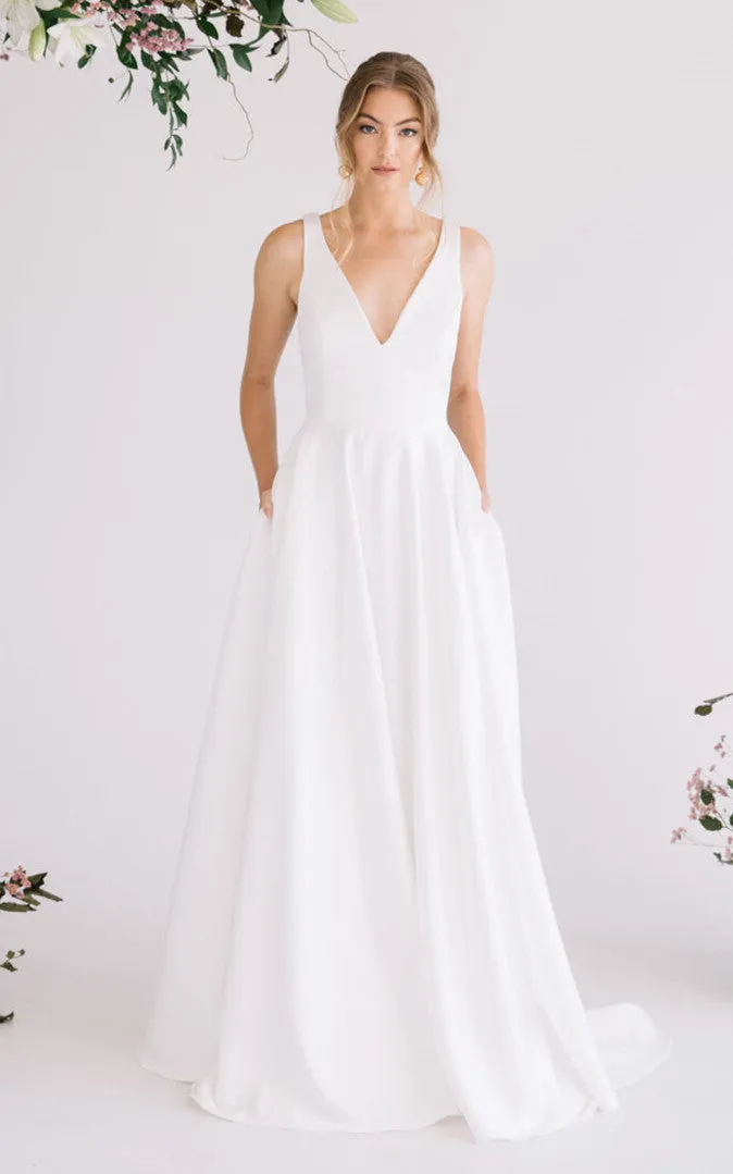 A Line Ethereal Satin Wedding Dress with Pockets and Train-716235