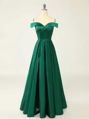 A-Line Green Off Shoulder Long Prom Dresses, Green Formal Evening Dresses