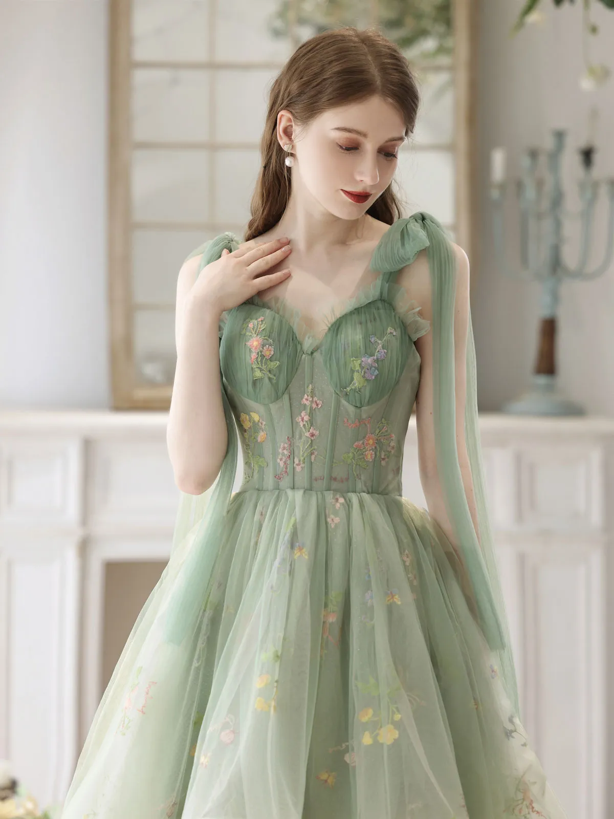 A-Line High Low Green Lace Short Prom Dress, Green Lace Homecoming Dress