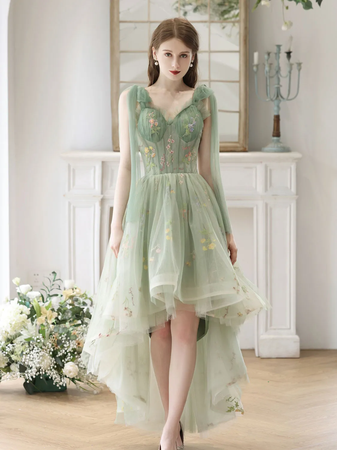 A-Line High Low Green Lace Short Prom Dress, Green Lace Homecoming Dress