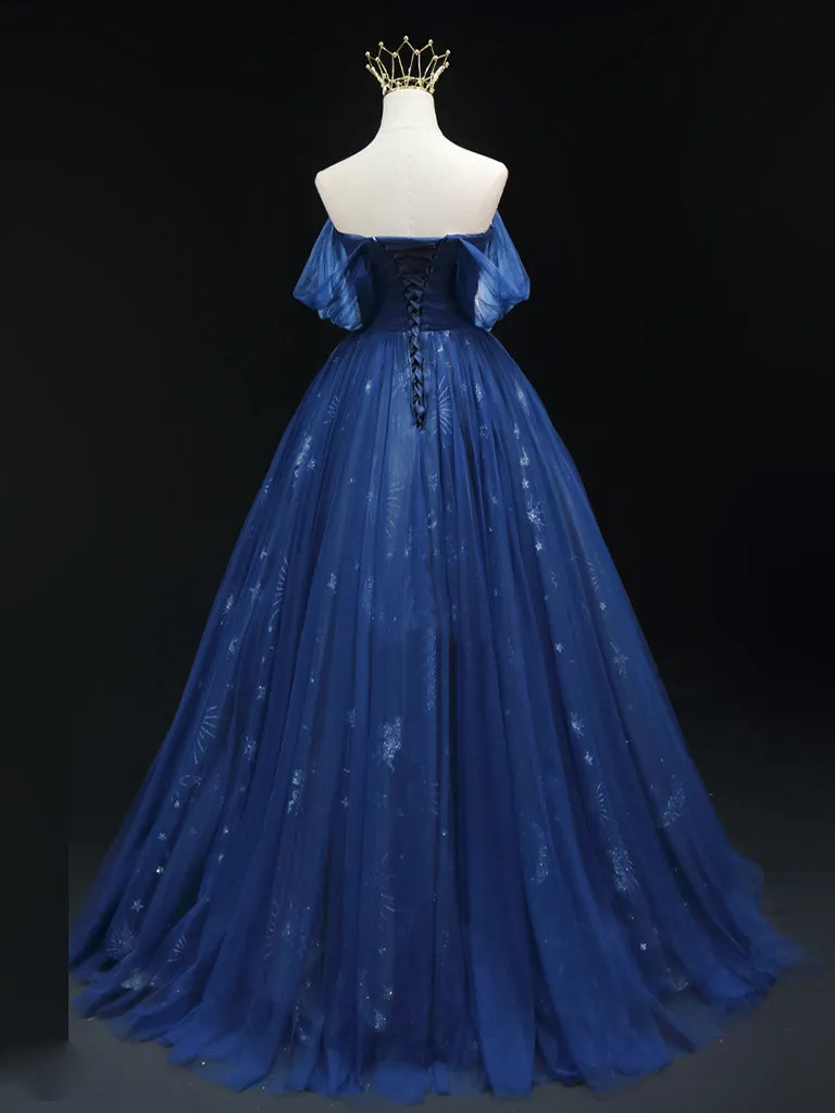 A-Line Off Shoulder Sweetheart Neck Dark Blue Long Prom Dress, Blue Formal Dress