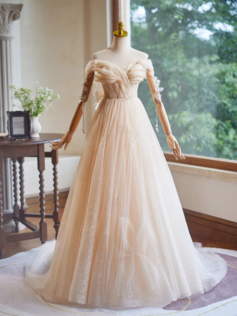 A-Line Off Shoulder Tulle Champagne Long Prom Dress, Champagne Long Formal Dress