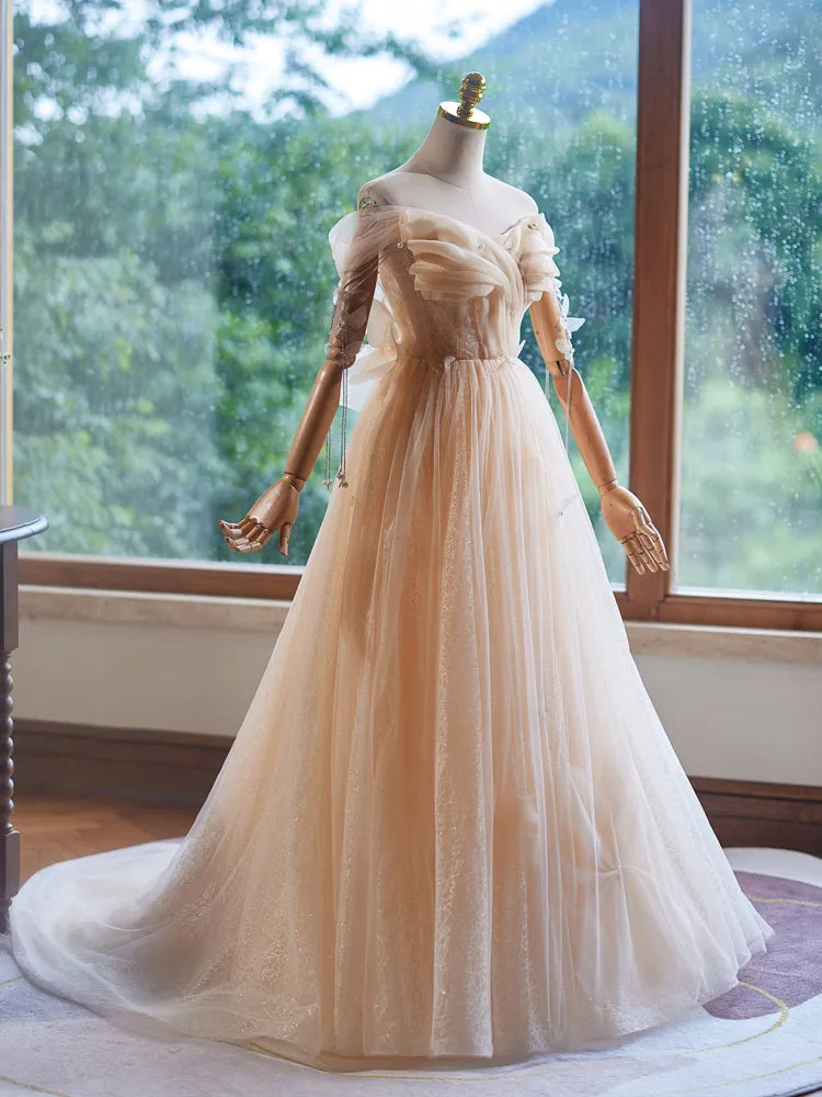 A-Line Off Shoulder Tulle Champagne Long Prom Dress, Champagne Long Formal Dress