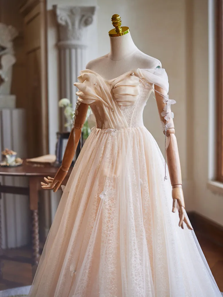 A-Line Off Shoulder Tulle Champagne Long Prom Dress, Champagne Long Formal Dress