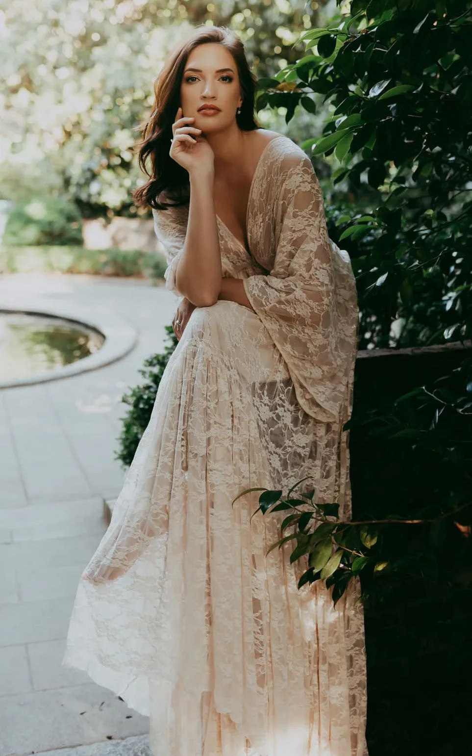 A-Line Plunging Neckline Lace Wedding Dress Beach Simple Casual Sexy Bohemian Summer With Open Back And Bat 3/4 Length Sleeves-716744