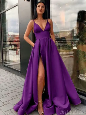 A-line Purple Spaghetti Straps Satin Popular Party Long Prom Dresses, Evening Dress PD360