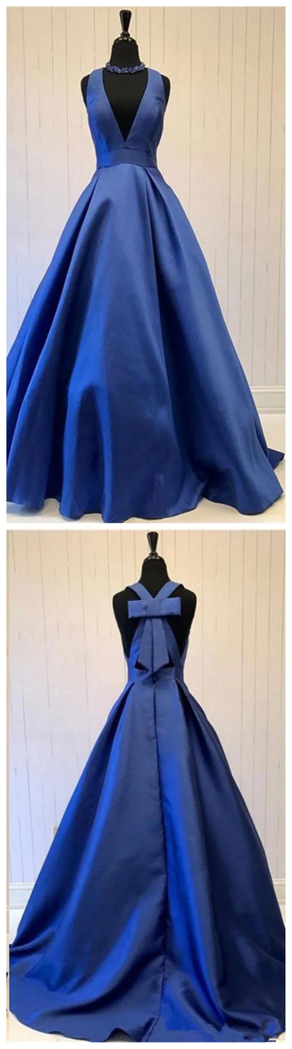 A-Line Royal Blue Prom Dress, 2019 Long Deep V-neck Prom Dress