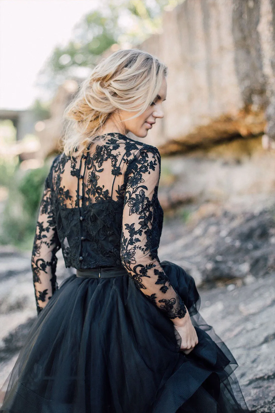 A-Line Scoop Floor-length Long Sleeve Illusion Back Dress With Appliques Black Wedding Dress-715613