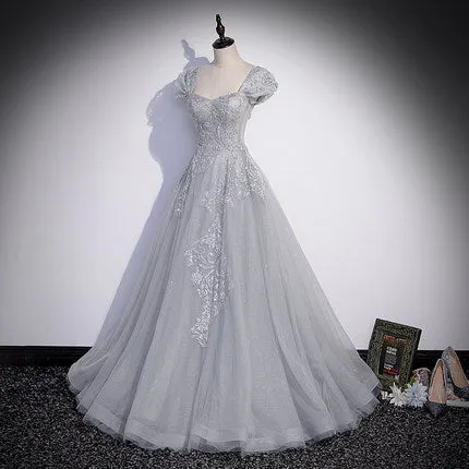 A Line Silver Gray Tulle Prom Dresses Long Prom Dress SH066