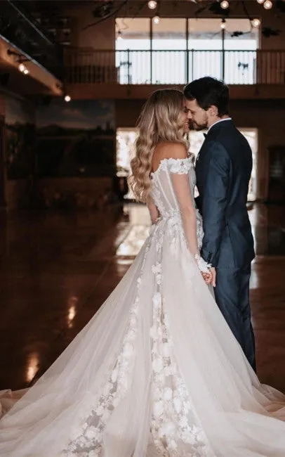 A Line Simple Tulle Off-the-shoulder Wedding Dress with Appliques and Train-716297