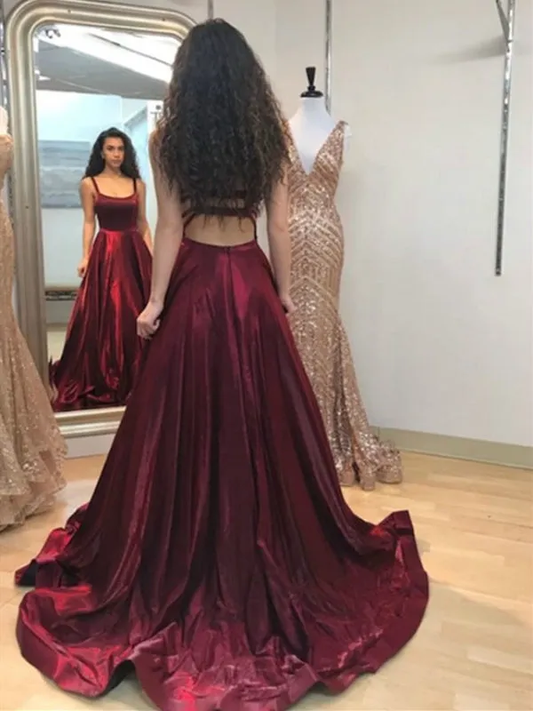 A Line Spaghetti Straps Backless Burgundy Satin Long Prom Dresses with Pocket, Burgundy Formal Dresses, Burgundy Evening Dresses