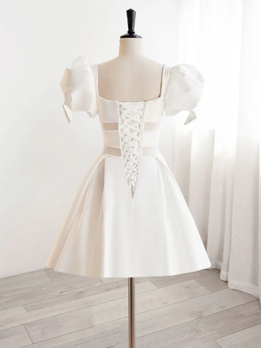 A-Line Square Neckline ivory Short Prom Dress, Cute  ivory Homecoming Dress