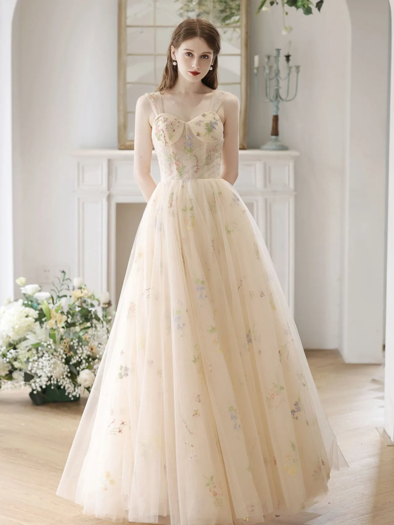 A-Line Sweetheart Neck Tulle Lace Champagne Long Prom Dress, Lace Formal Dress