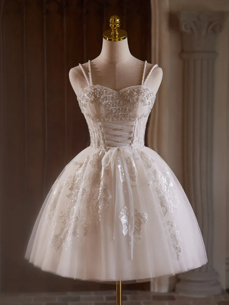 A-Line Sweetheart Neck Tulle Lace Light Champagne Short Prom Dress With Beads