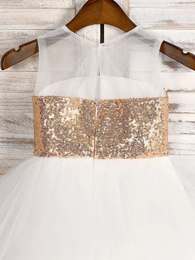 A-Line Tulle Sequined Jewel Neck Wedding First Communion Pageant Flower Girl Dresses