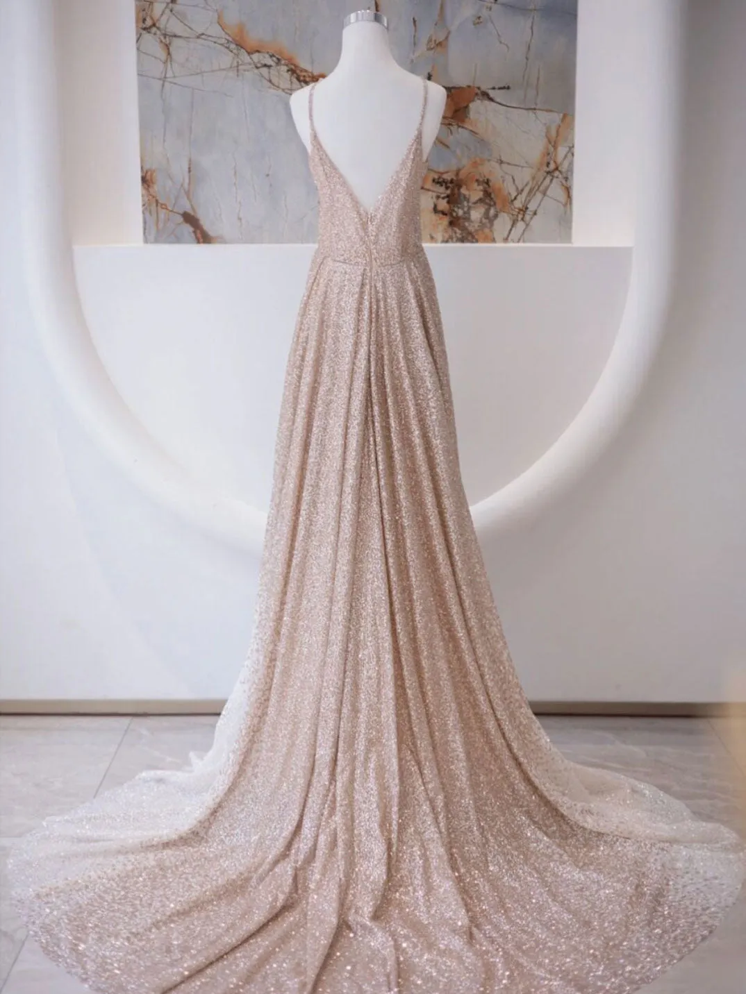 A Line V Neck Champagne Long Prom Dresses, Shiny Tulle Champagne Evening Dress