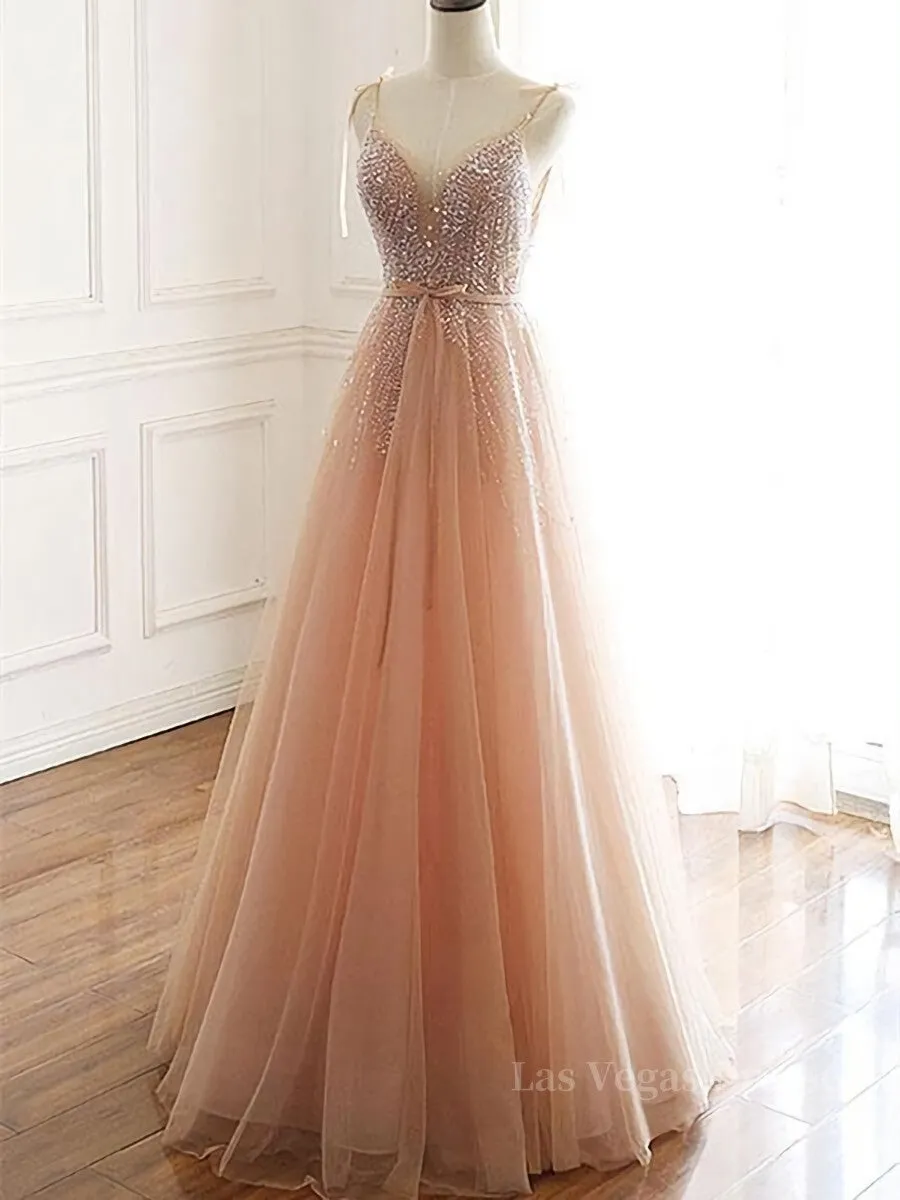 A Line V Neck Champagne Tulle Long Beaded Prom Dresses, Champagne Long Formal Evening Dresses