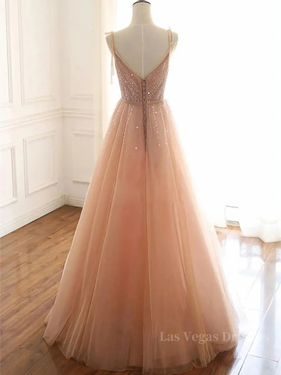 A Line V Neck Champagne Tulle Long Beaded Prom Dresses, Champagne Long Formal Evening Dresses