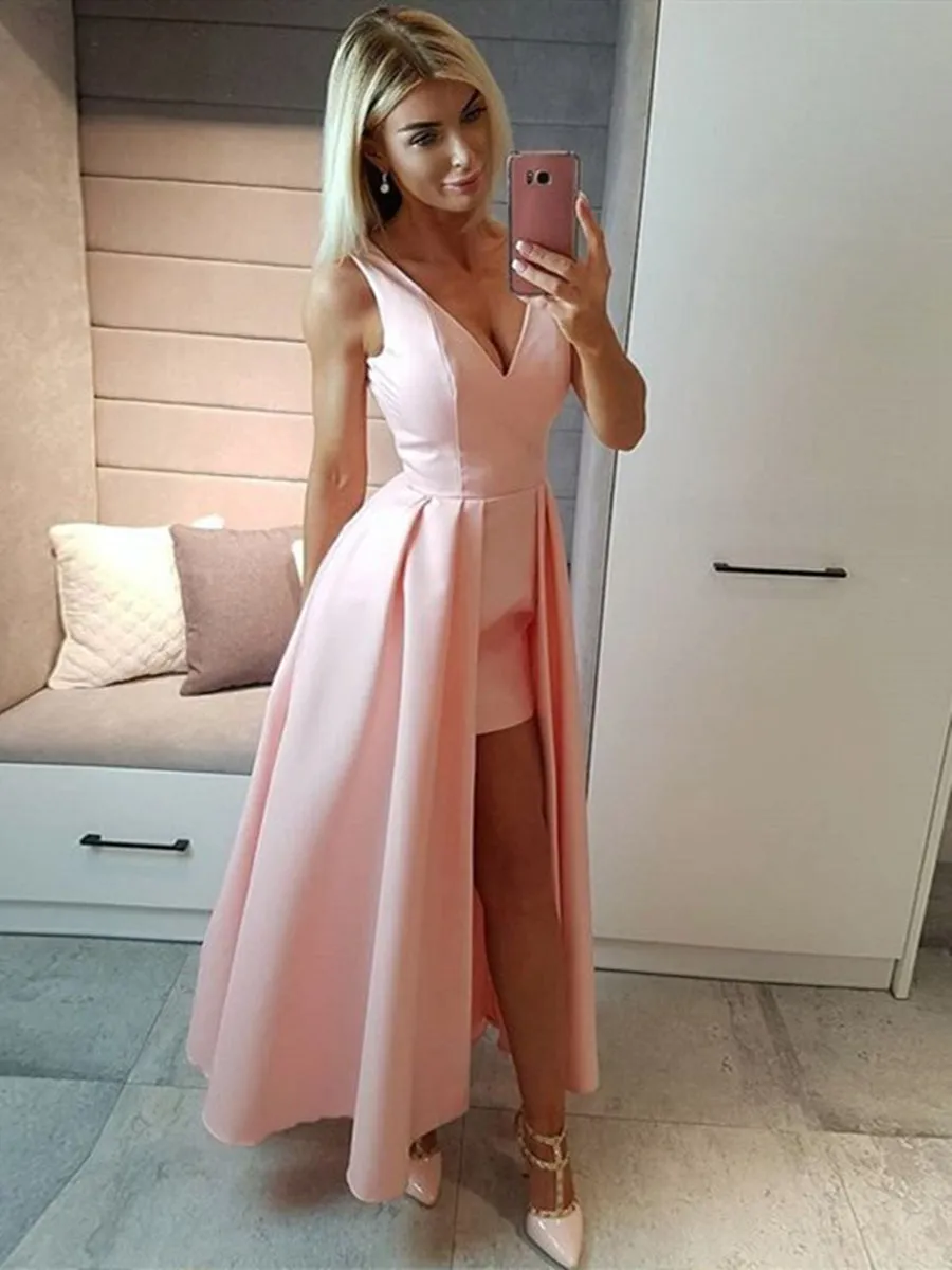 A Line V Neck High Low Ruched Black/Pink Satin Prom Dresses, V Neck Pink/Black Formal Evening Dresses, High Low Graduation Dresses