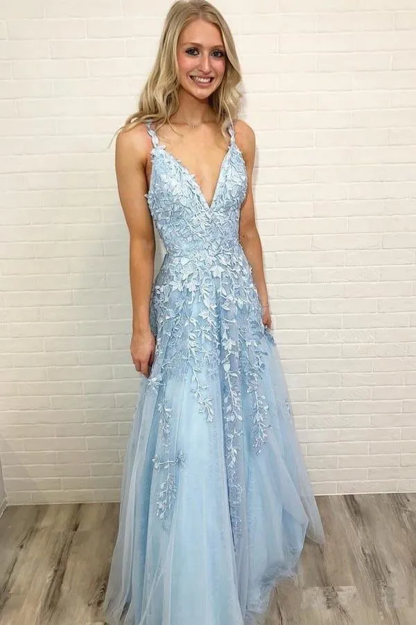 A Line V Neck Lace Sky Blue Long Prom Dresses, Sky Blue Lace Formal Dresses, V Neck Sky Blue Evening Dresses