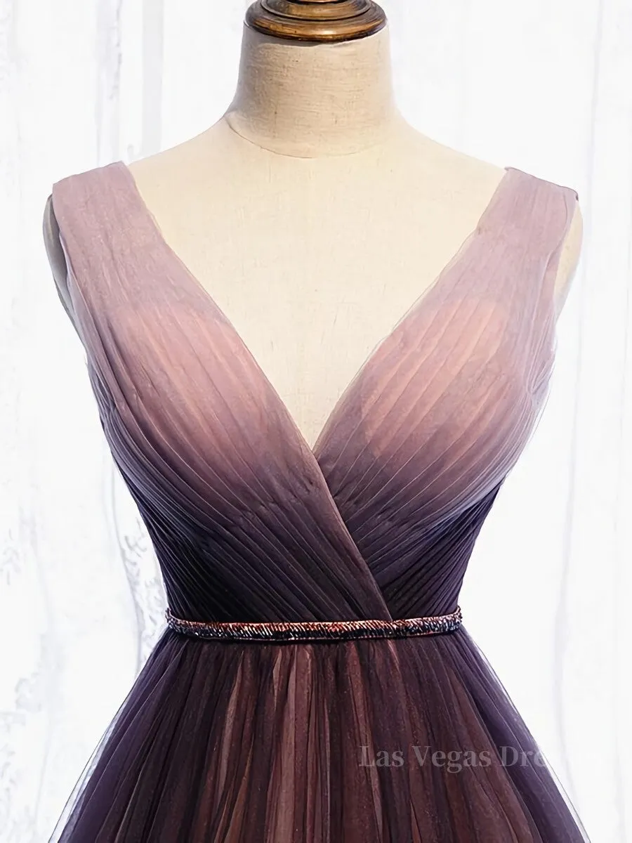 A Line V Neck Purple Ombre Prom Dresses, V Neck Purple Ombre Formal Evening Bridesmaid Dresses