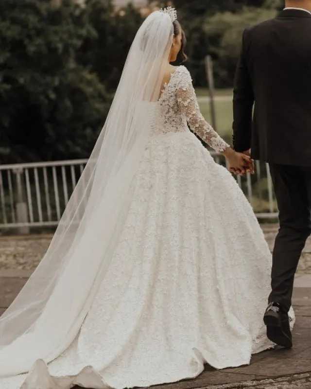 A line wedding dresses with sleeves Floral Lace Bridal Dress