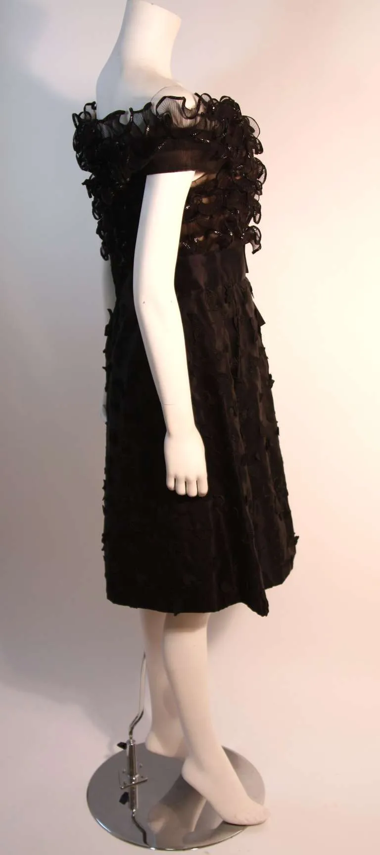 ARNOLD SCAASI Black Ruffled Silk Cocktail Dress with Bow Size 10