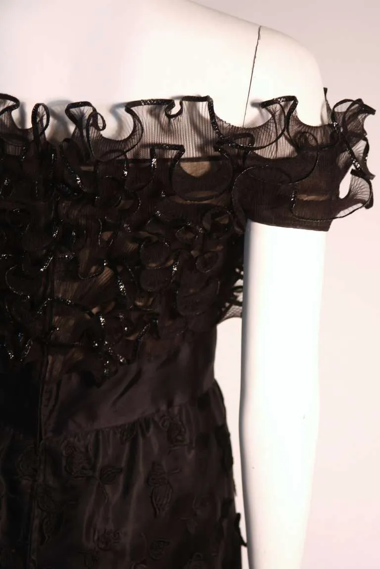 ARNOLD SCAASI Black Ruffled Silk Cocktail Dress with Bow Size 10