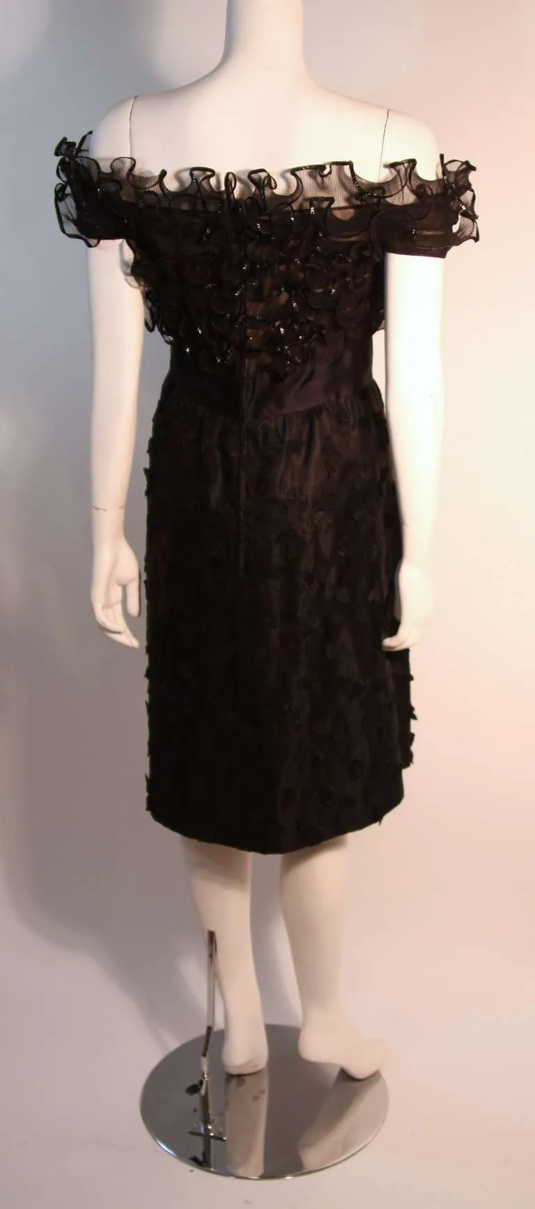 ARNOLD SCAASI Black Ruffled Silk Cocktail Dress with Bow Size 10