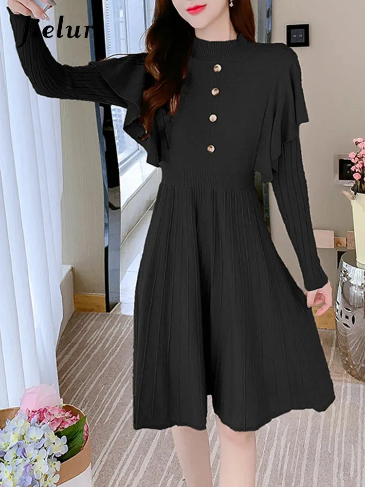 Autumn Dress French Style Slim Waist Mid-Length Knitted Dress Fashion Simple A-Line Black Khaki Dresses Women S-XL