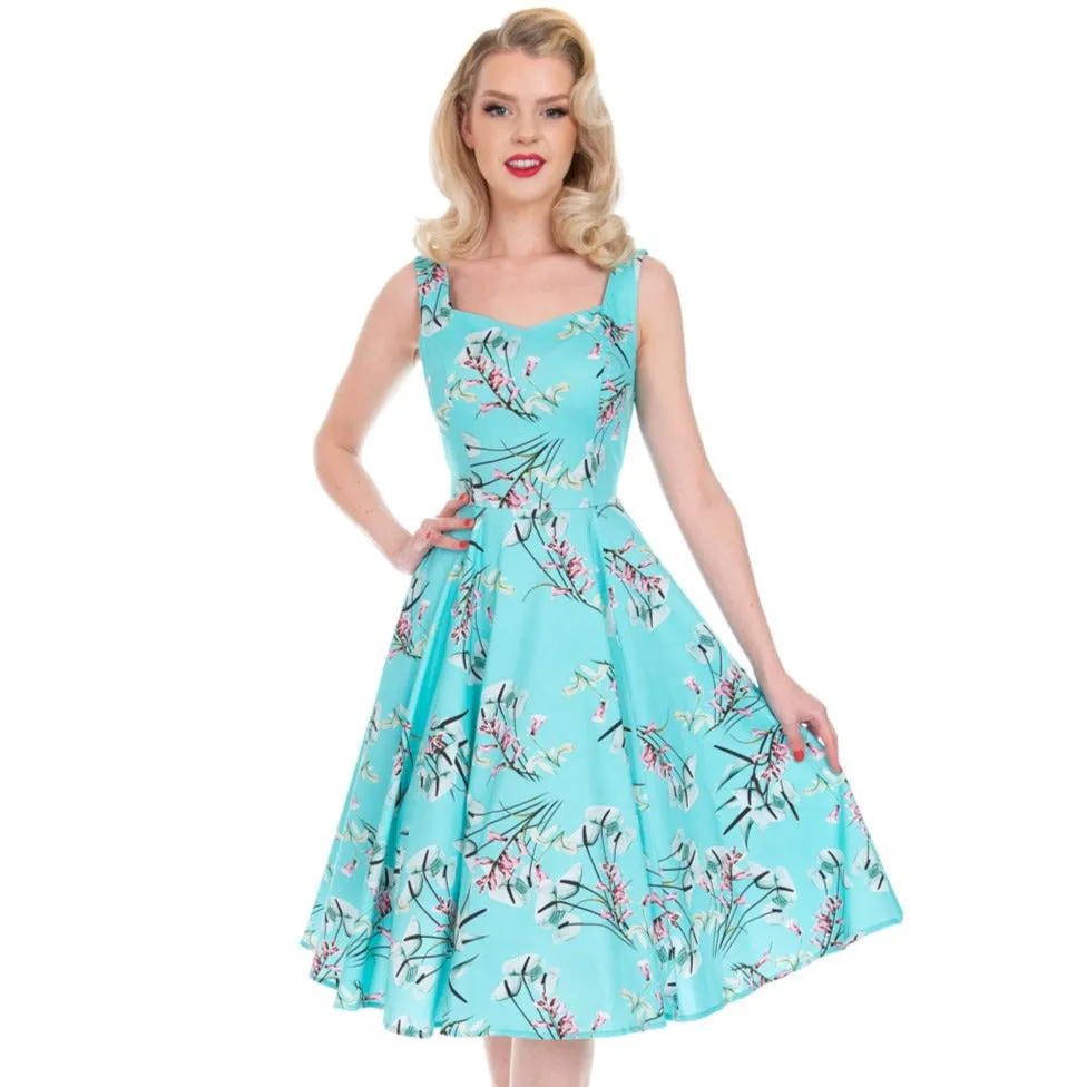 Azure Blue Vintage Floral Blossom Rockabilly 50s Swing Dress