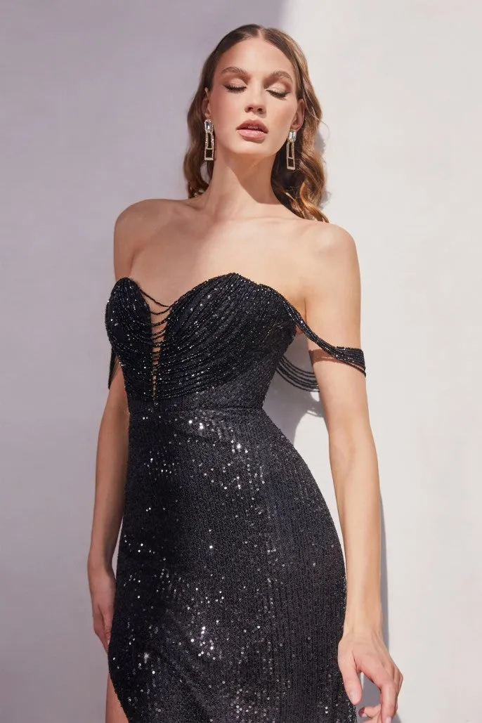 Back for More | Strapless Sequin Dress w/ Beaded Draped Shoulders | LaDivine CD290