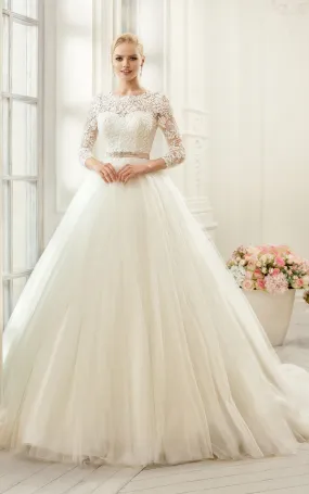 Ball Gown Long Bateau Long-Sleeve Deep-V-Back Tulle Lace Dress With Appliques And Waist Jewellery-714452