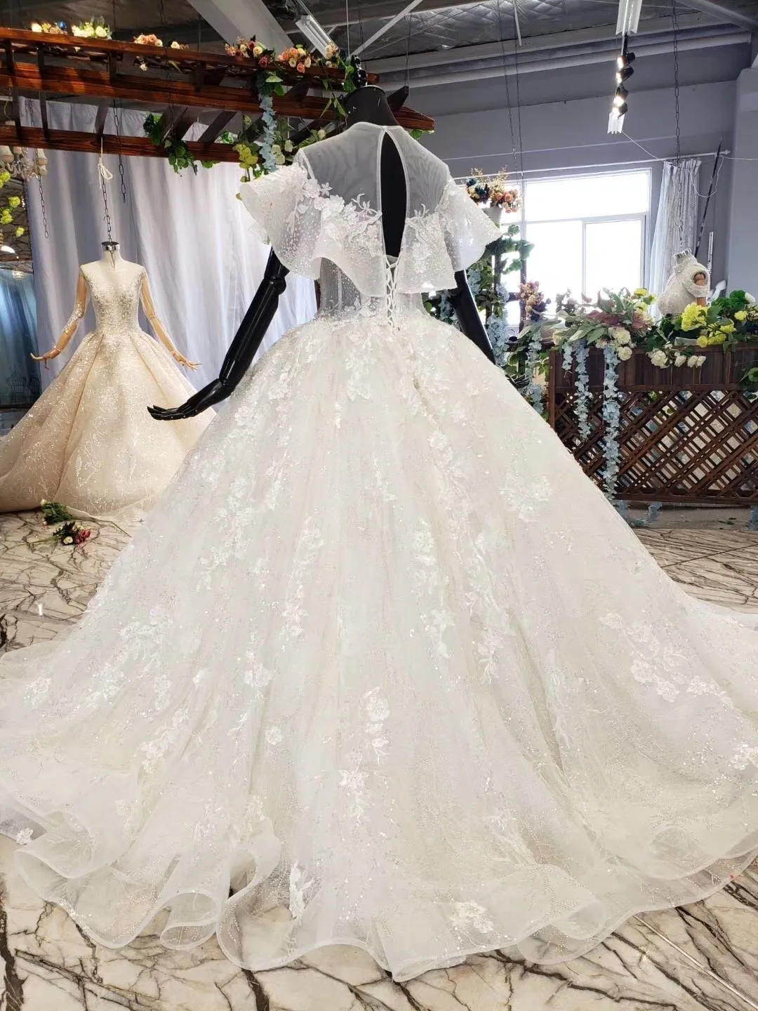 Ball Gown Round Neck Ivory Beads Open Back Wedding Dresses Quinceanera Dresses