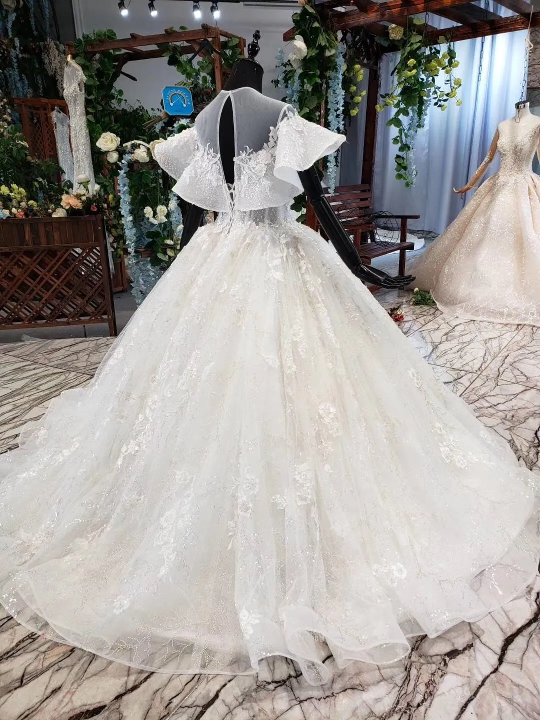 Ball Gown Round Neck Ivory Beads Open Back Wedding Dresses Quinceanera Dresses