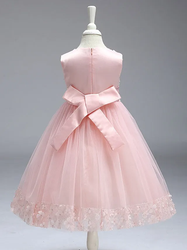 Ball Gown Tulle Sleeveless Jewel Neck Wedding Party Flower Girl Dresses With Bow