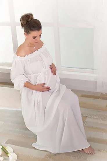 Beach Off-the-shoulder Long Sleeve Pleated Ruffled Split Front Maternity Wedding Dress-715517