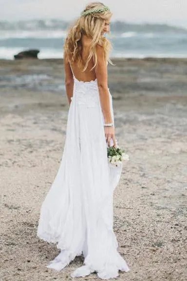 Beach Simple Casual White A-line Princess V neck Spaghetti Straps Wedding Dress