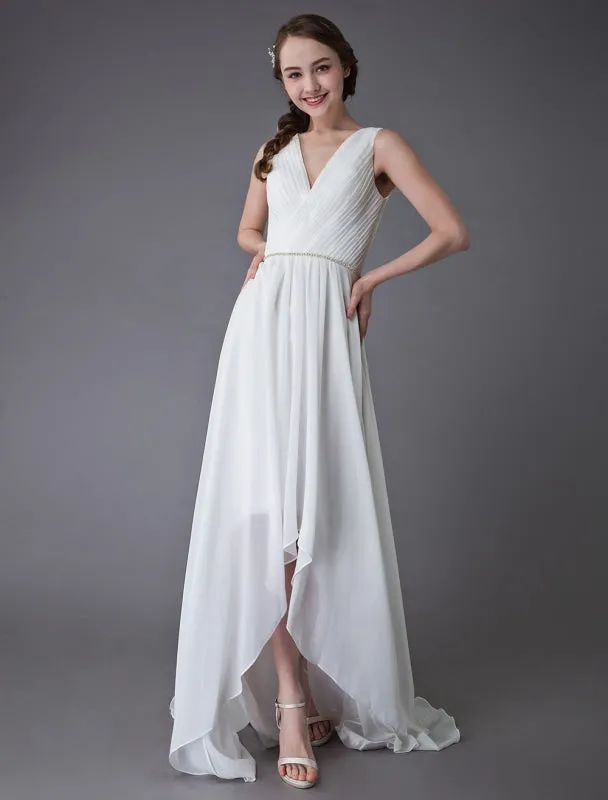 Beach Wedding Dresses Chiffon V Neck High Low Sash Summer Bridal Dress Exclusive