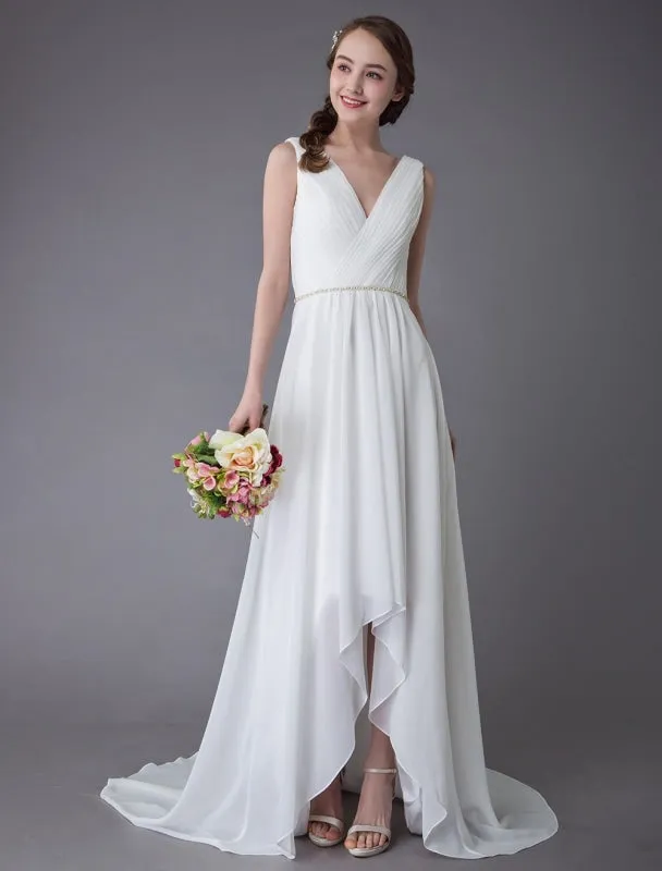 Beach Wedding Dresses Chiffon V Neck High Low Sash Summer Bridal Dress Exclusive